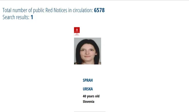 Urška Šprah na Interpolovem seznamu FOTO: Posnetek zaslona/Interpol