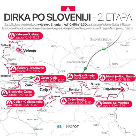 Dirka po Sloveniji, 2. etapa zapore cest Foto Infopot Fb Delo