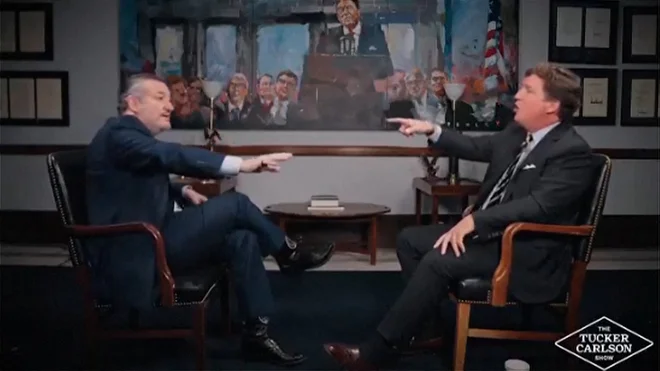 Konservativni komentator Tucker Carlson in republikanski senator Ted Cruz med vročo razpravo o biblijskem pomenu podpore Izraelu. BEEN SUPPLIED BY A THIRD PARTY MANDATORY CREDIT Foto Tucker Carlson Network Via Reuters