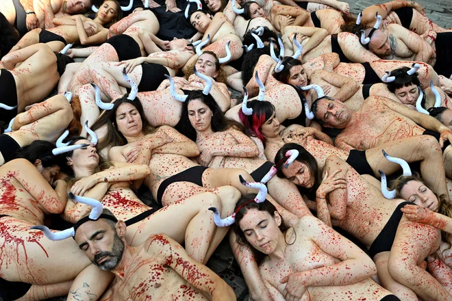 Aktivisti, prekriti z umetno krvjo, protestirajo proti bikoborbam in teku z biki med demonstracijami, ki sta jih 5. julija 2025 na predvečer praznika San Fermin v španskem mestu Pamplona sklicali skupini za etično ravnanje z živalmi (PETA) in Anima Naturalis. Na deset tisoče ljudi se vsako leto udeleži teden dni trajajočega festivala San Fermin. Vsak dan ob 8. uri zjitraj se izpusti šest bikov, ki tečejo iz svoje ograde do arene na 850 metrov dolgi progi, medtem ko se tekači trudijo ostati blizu bikov, ne da bi padli. Foto: Ander Gillenea/Afp