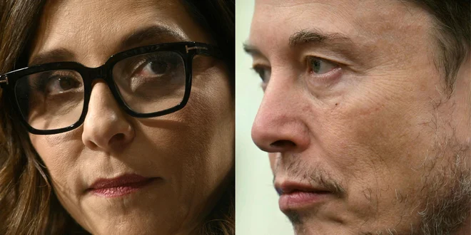 Linda Yaccarino in Elon Musk. FOTO: Brendan Smialowski/AFP