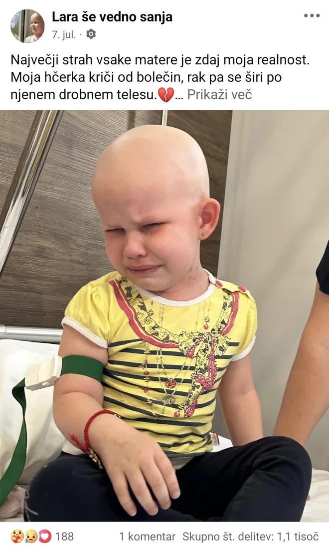 Gre za prevaro za zbiranje donacij za štiriletno deklico Laro, ki naj bi imela raka. FOTO: Zaslonski posnetek/Facebook