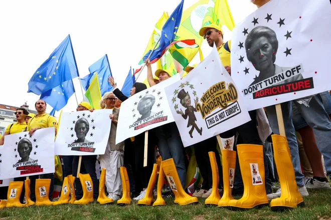 Med predstavitvijo komisije je več sto kmetov pred stavbama evropskega parlamenta in evropske komisije protestiralo proti proračunskim rezom v kmetijstvo. FOTO: Yves Herman/Reuters