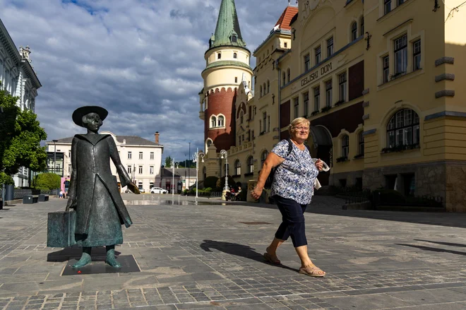Svetovna popotnica Alma Karlin (v ozadju je Celjski dom) nas pričaka takoj ob prihodu. FOTO: Voranc Vogel/Delo