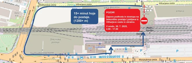 Obvozna pot bo potnikom in pešcem podaljšala pot od Vilharjeve do Masarykove ter nasprotno za približno 15 minut. Obvozna pešpot je v Googlovem zemljevidu označena z modro črto. FOTO: SŽ/Google