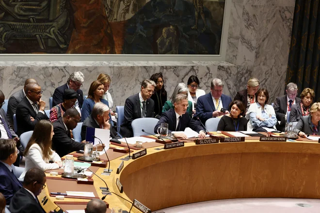 Premier Robert Golob med lanskim nastopom v Varnostnem svetu ZN. FOTO: Brendan Mcdermid/Reuters