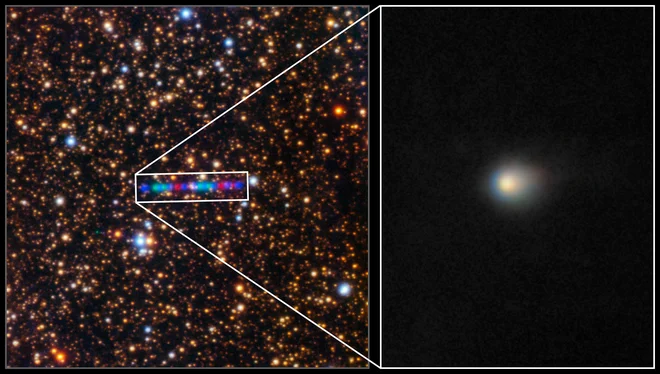 Obarvane zaporedne pikice so komet 3I/Atlas, kot ga je med potovanjem ujel teleskop Gemini North na Havajih. Levi del slike je sestavljen iz posnetkov, narejenih skozi tri filtre, desna stran pa prikazuje komo kometa. FOTO: Gemini/NOIRLab/NSF/AURA