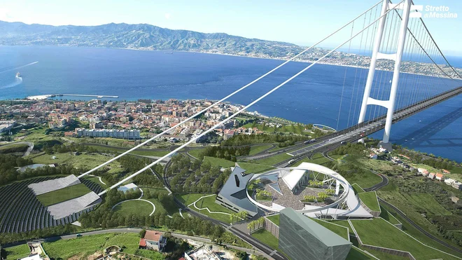 Projekt predvideva dva železniška tira in šest pasov za cestni promet. Most naj bi bil dolg 3,66 kilometra, od tega bo viseči razpon med dvema 400 metrov visokima stolpoma meril 3,3 kilometra. FOTO: Stretto Di Messina