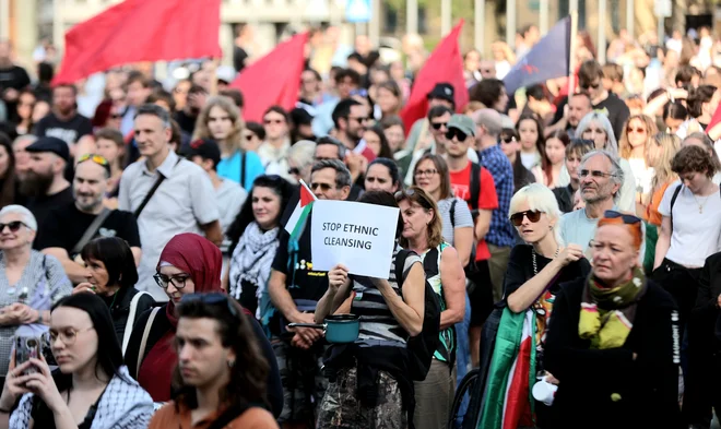 Zbrala se je množica ljudi, ki nasportujejo genocidu. FOTO: Blaž Samec/Delo
