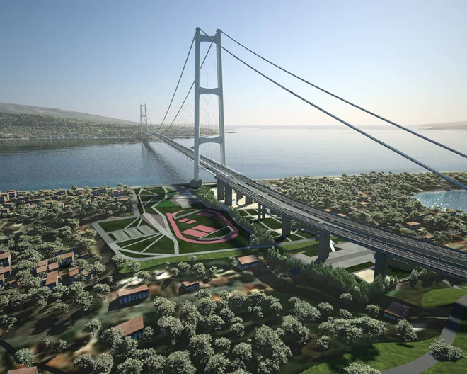 Gradnja mostu (brez cestnih in železniških priključkov, predorov, viaduktov ...) bo stala predvidoma 3,5 milijarde evrov. Italija namerava financiranje vključiti v paket stroškov za Nato. FOTO: Računalniški prikaz projekta