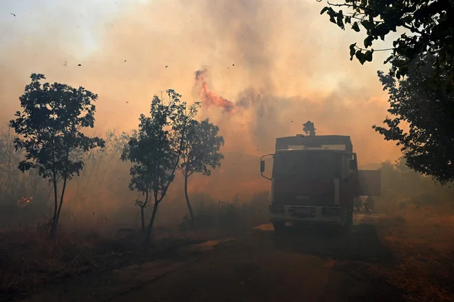 Gori na več lokacijah v okolici Podgorice, kjer so gasilci tudi evakuirali nekatere prebivalce. Požari divjajo še na obali v bližini Budve in na severu države ob meji s Srbijo. FOTO: Savo Prelevic/AFP